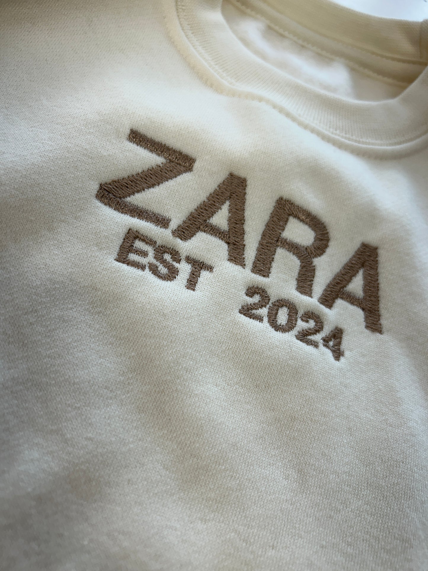 Established in... embroidered Kids personalised sweater