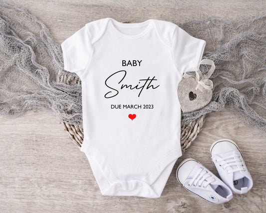 Baby Announcement Name & Heart Design Vest or Sleepsuit