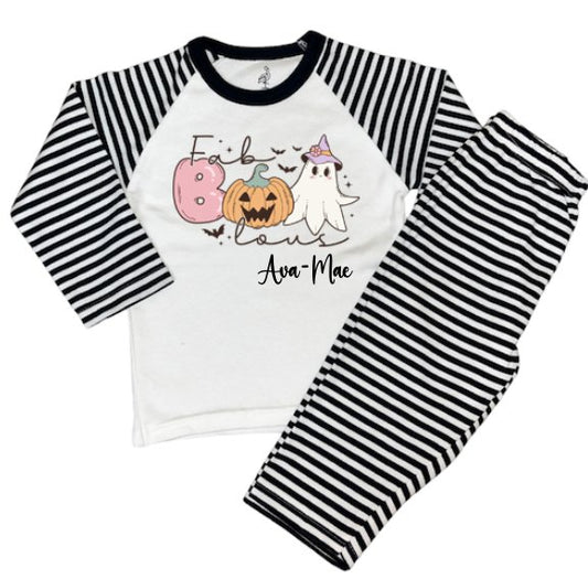 Black Stripe Print Personalised Pyjamas Halloween Fab-BOO-lous Design