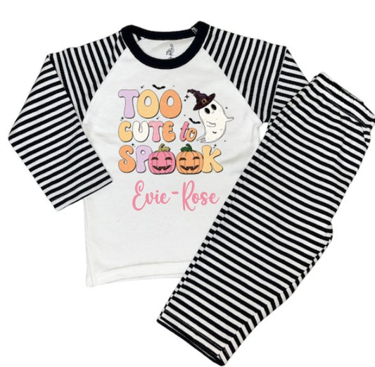 Black Stripe Print Personalised Pyjamas Halloween Too Cute to spook Design