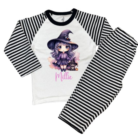 Black Stripe Print Personalised Pyjamas Halloween Witch Design