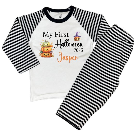 Black Stripe Print Personalised Pyjamas My First Halloween Design From The Stork Bespoke Baby