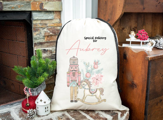 Christmas Gift Bag Sack Drawstring Nutcracker & Rocking Horse