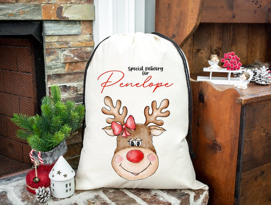 Christmas Gift Bag Sack Drawstring Reindeer & Bow