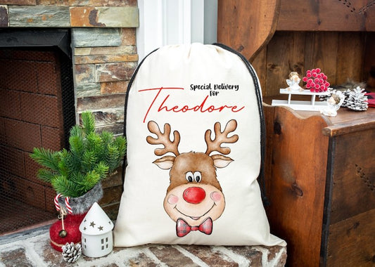 Christmas Gift Bag Sack Drawstring Reindeer Bow Tie