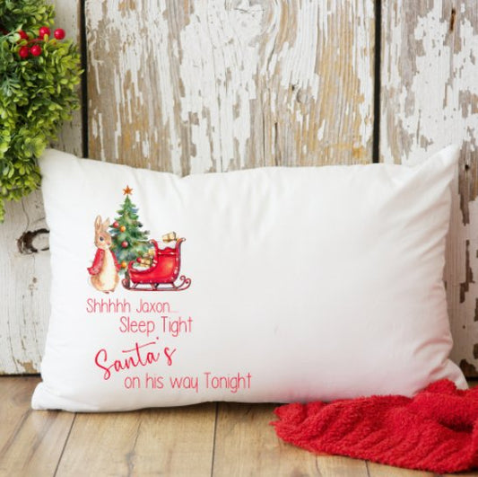 Christmas pillow case personalised Red rabbit & Sleigh design