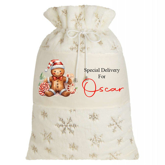 Gingerbread man Plush Cream & Gold personalised Christmas Sack Design 6