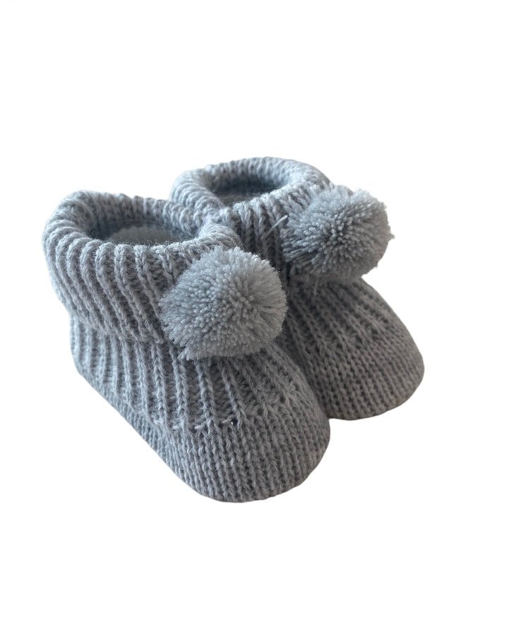 Knitted Baby Booties with Pompoms Grey