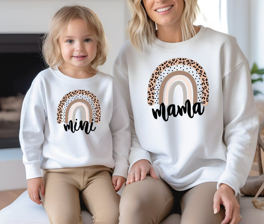 Matching Mini & Mama Mummy Personalised Jumpers Leopard Rainbows - Various Colours