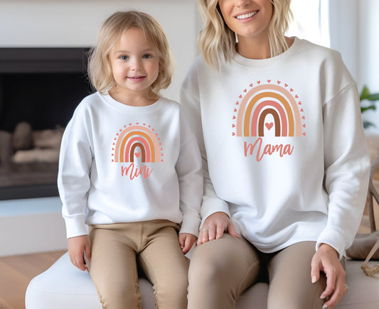 Matching Mini & Mama Mummy Personalised Jumpers Rainbows - Various Colours