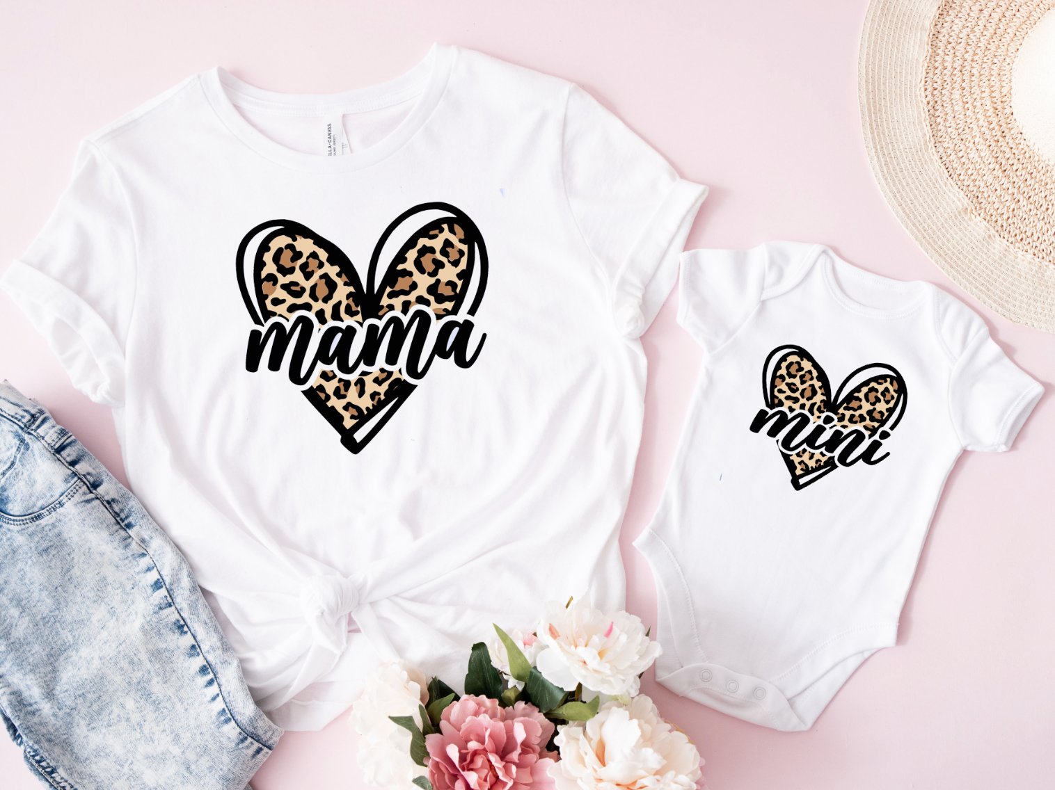Matching Mini & Mama Mummy Personalised T-Shirt & Vest Leopard heart - White Only