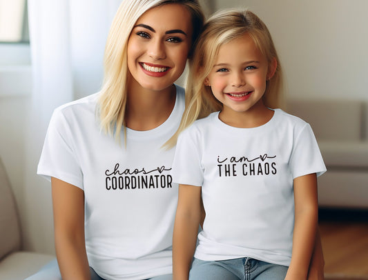 Matching Mini & Mama Mummy Personalised T-Shirts Chaos - Various Colours