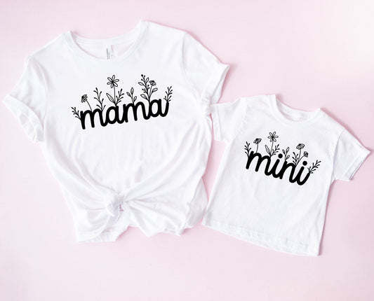 Matching Mini & Mama Mummy Personalised T-Shirts floral - Various Colours