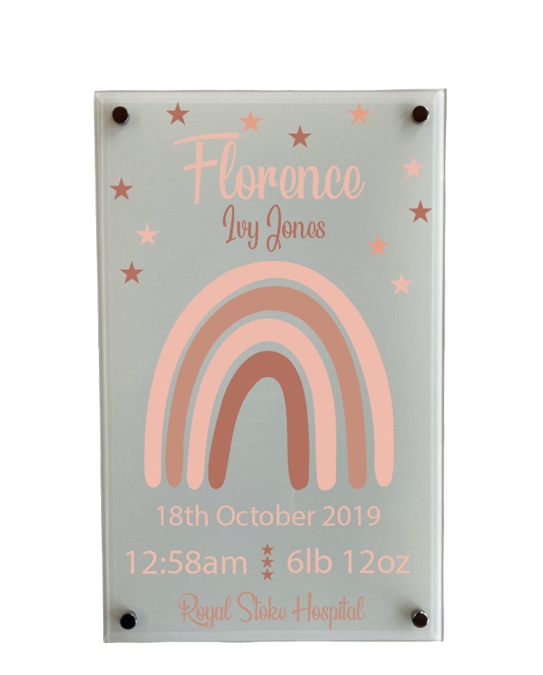 Nursery Birth Block Glass Wall Panel - Pink Rainbow