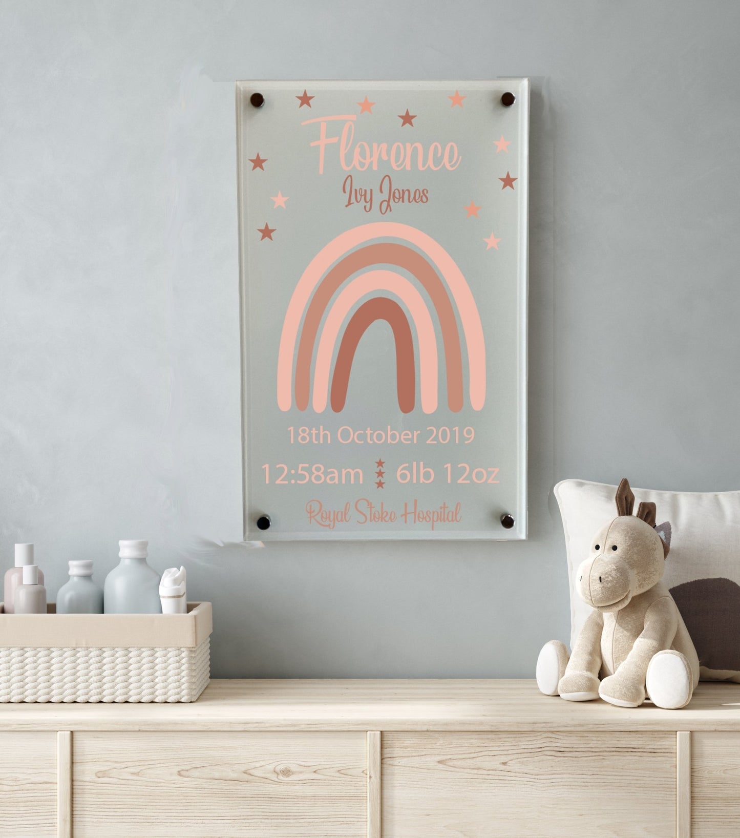 Nursery Birth Block Glass Wall Panel - Pink Rainbow