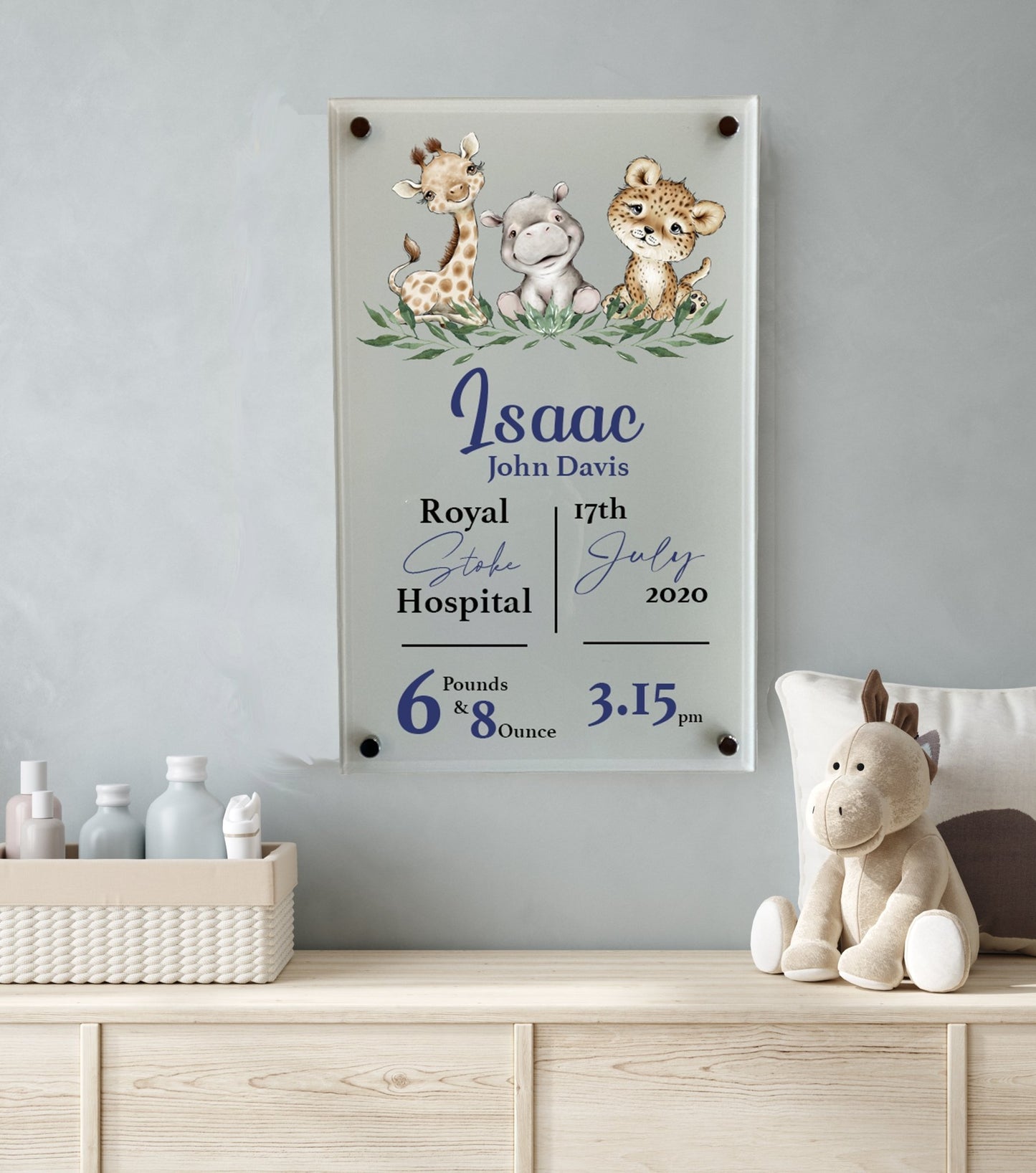 Nursery Birth Block Glass Wall Panel - Safari Animals Boy