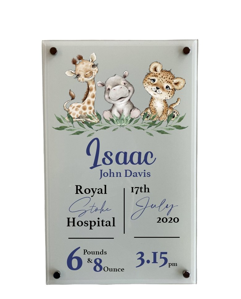 Nursery Birth Block Glass Wall Panel - Safari Animals Boy