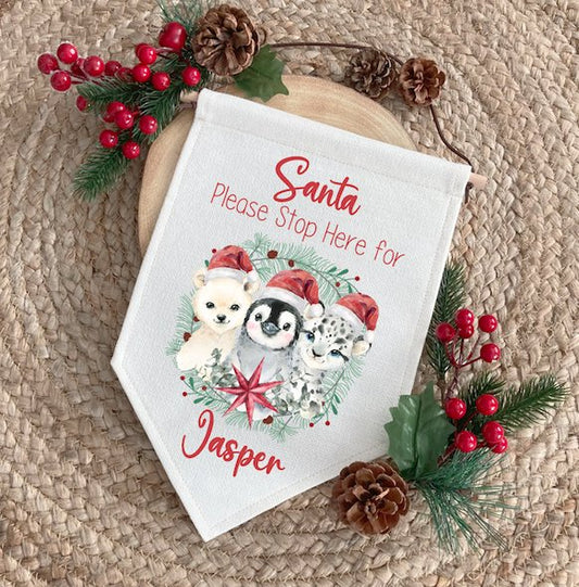 Personalised "Santa Please Stop here" Fabric Pennant Sign - Design 5