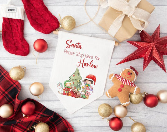Personalised "Santa Please Stop here" Fabric Pennant Sign - Design 9