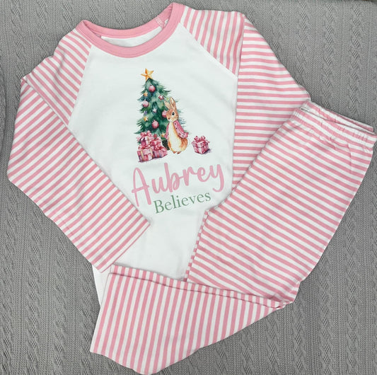 Pink Stripe Print Personalised Christmas Pyjamas - Rabbit design
