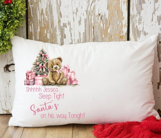 Pink Teddy design Christmas pillow case personalised