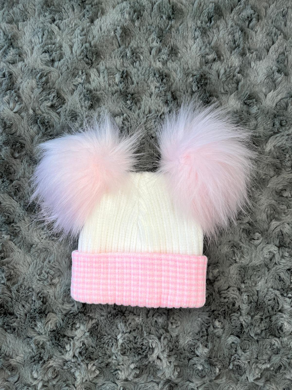Pink & White Double Pom hat - First Size