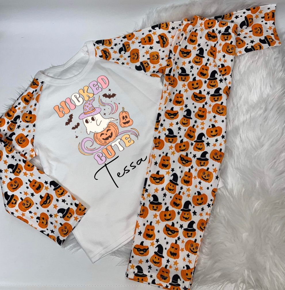 Pumpkin Print Personalised Pyjamas Halloween wicked Cute Design
