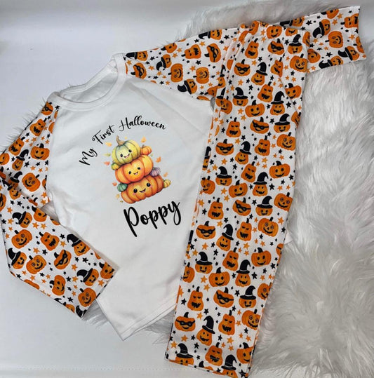 Pumpkin Print Personalised Pyjamas my 1st Halloween Design