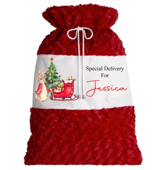 Rabbit & Sleigh Plush Red personalised Christmas Sack Design 1