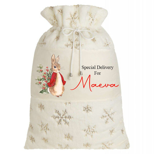 Red Rabbit Plush Cream & Gold personalised Christmas Sack Design 3