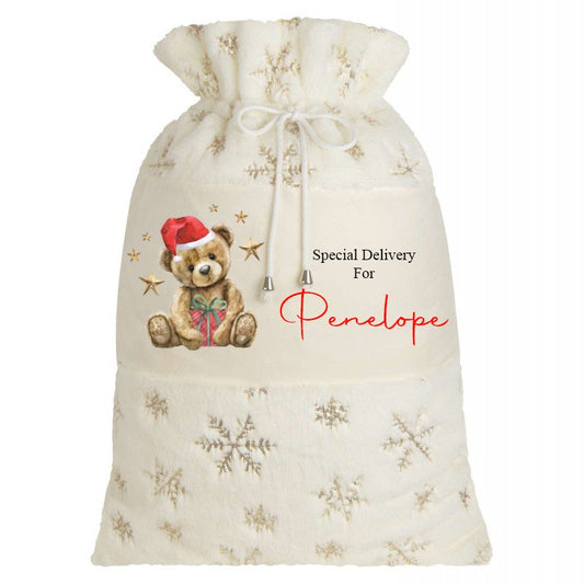 Teddy Plush Cream & Gold personalised Christmas Sack Design 4
