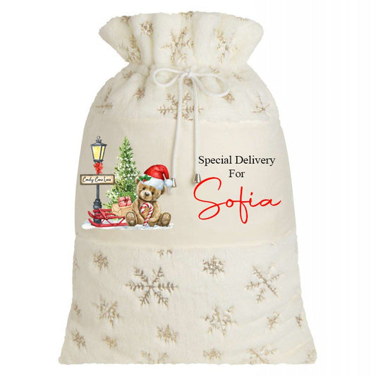 Teddy & Tree Plush Cream & Gold personalised Christmas Sack Design 2
