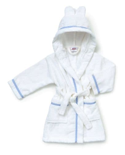 White Hooded Towelling Dressing Gown w/ Blue Gingham trim
