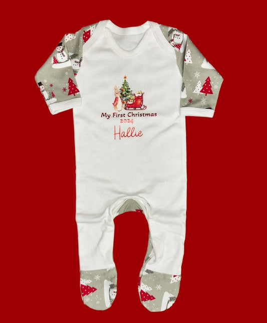 Red Rabbit & Sleigh Personalised My first Christmas Print Sleepsuit