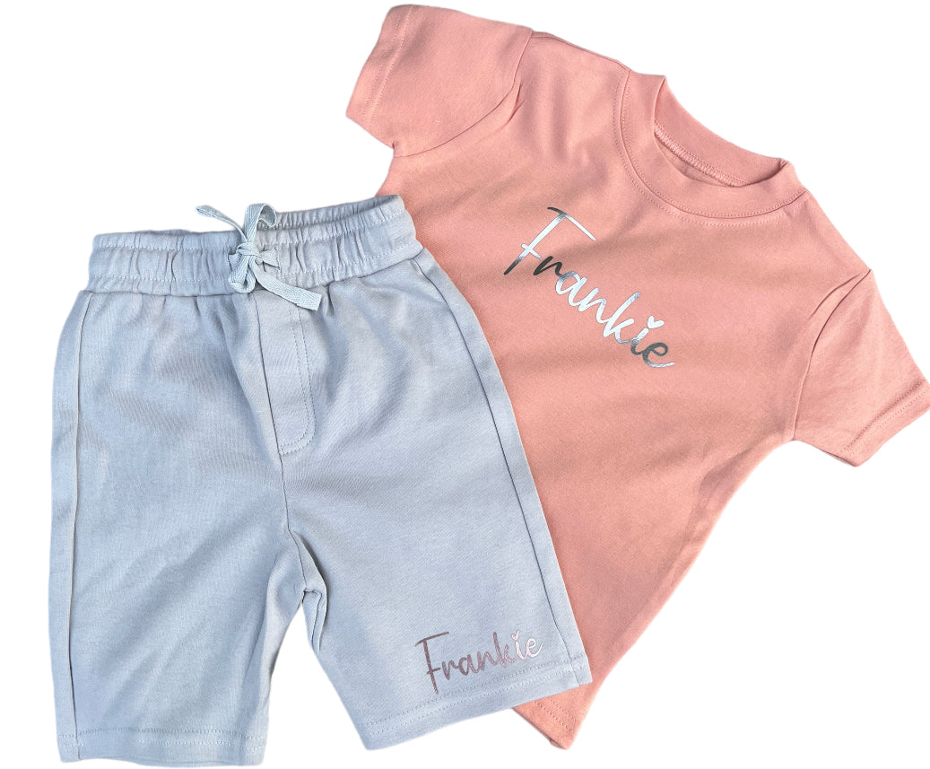 Dusky Pink / Grey Children's Personalised T-shirt & Short Set with Name