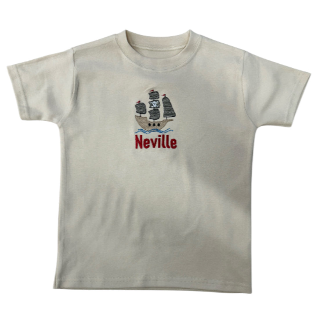 Pirate Ship embroidered personalised kids T-Shirt