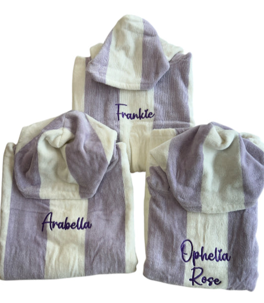 Lilac &amp; White Stripe Kids’ Personalised Hooded Beach Poncho