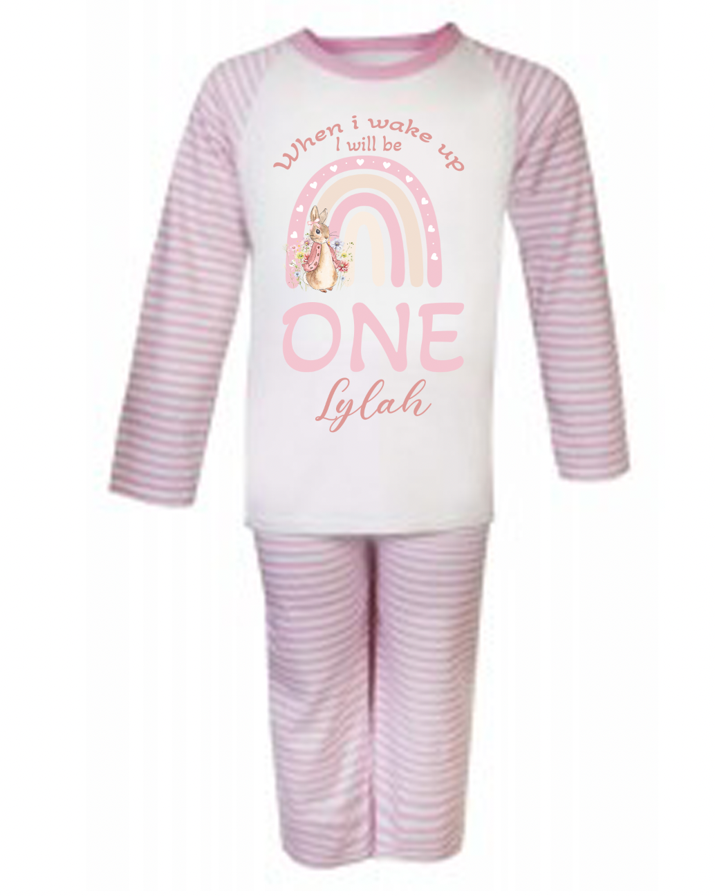 Pink stripe personalised rabbit design birthday pyjamas