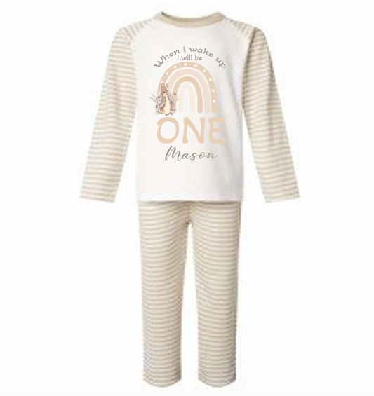 Taupe stripe personalised rabbit design birthday pyjamas