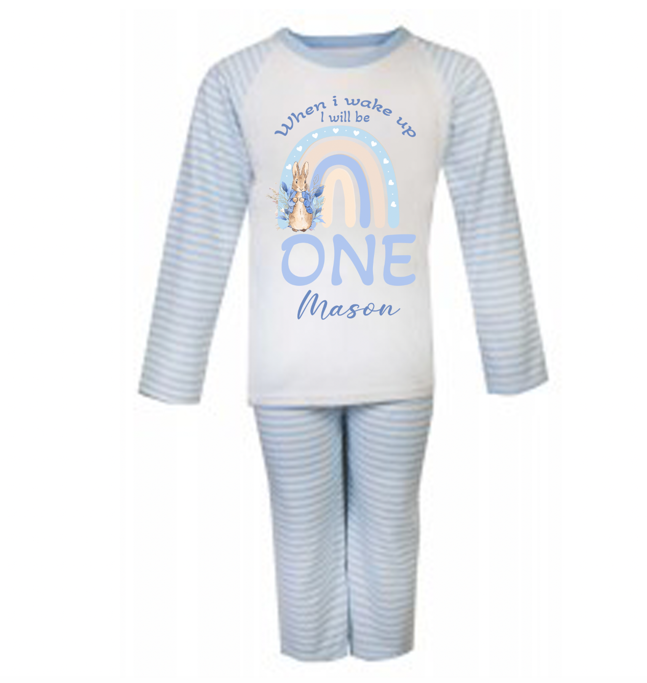 Blue stripe personalised rabbit design birthday pyjamas