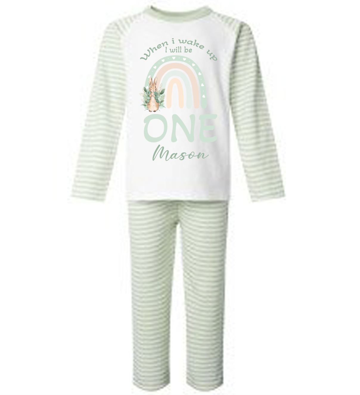 Sage Green stripe personalised rabbit design birthday pyjamas