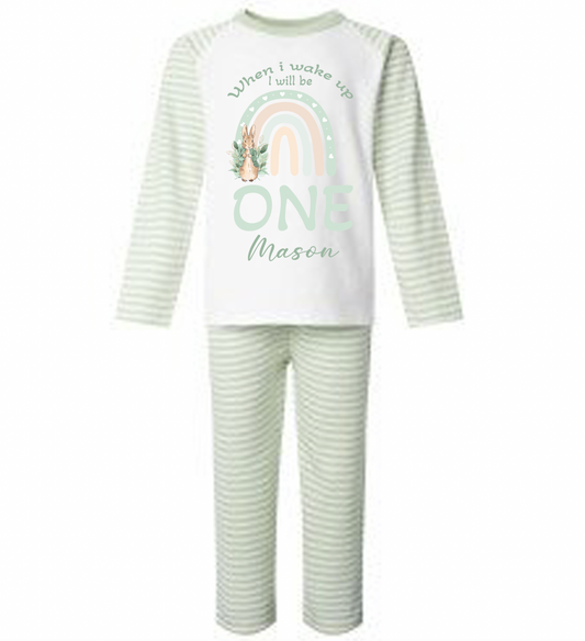 Sage Green stripe personalised rabbit design birthday pyjamas