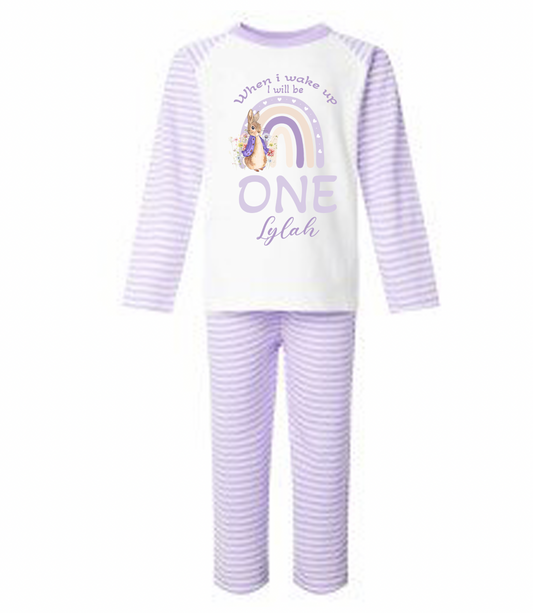 Lilac stripe personalised rabbit design birthday pyjamas