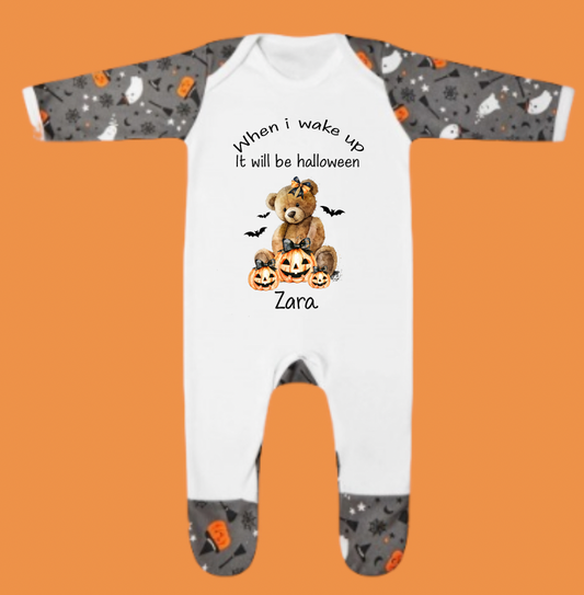 Personalised Halloween sleepsuit with pumpkin with Teddy