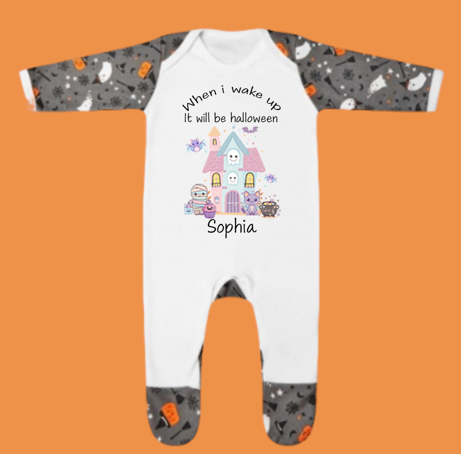 Halloween persoanlised sleepsuit spooky house design