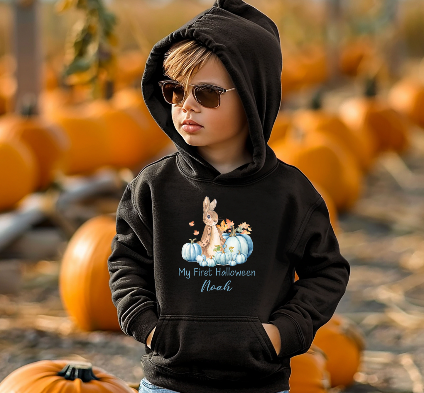 Blue Rabbit & pumpkins Halloween kids personalised sweater / hoodie