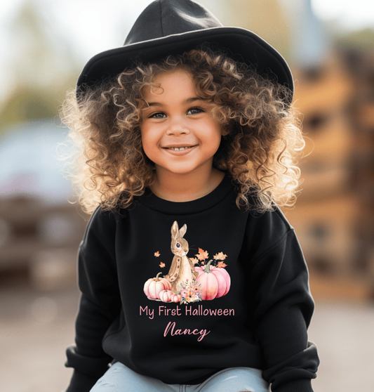 Pink Rabbit & pumpkins Halloween kids personalised sweater / hoodie