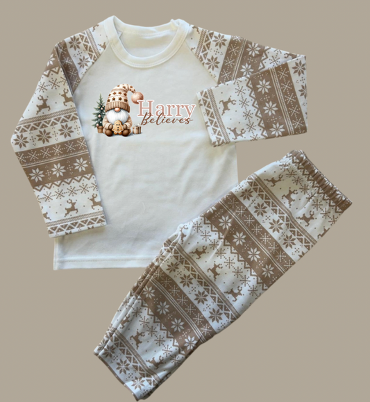 Beige Fairisle Christmas personalised family Pyjamas - Christmas Gonk ADULTS