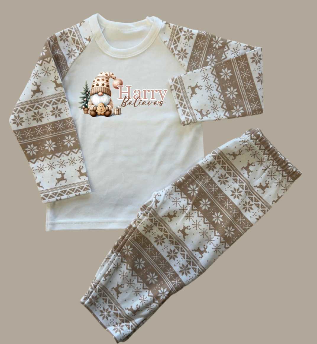 Beige Fairisle Christmas personalised family Pyjamas - Christmas Gonk CHILDRENS