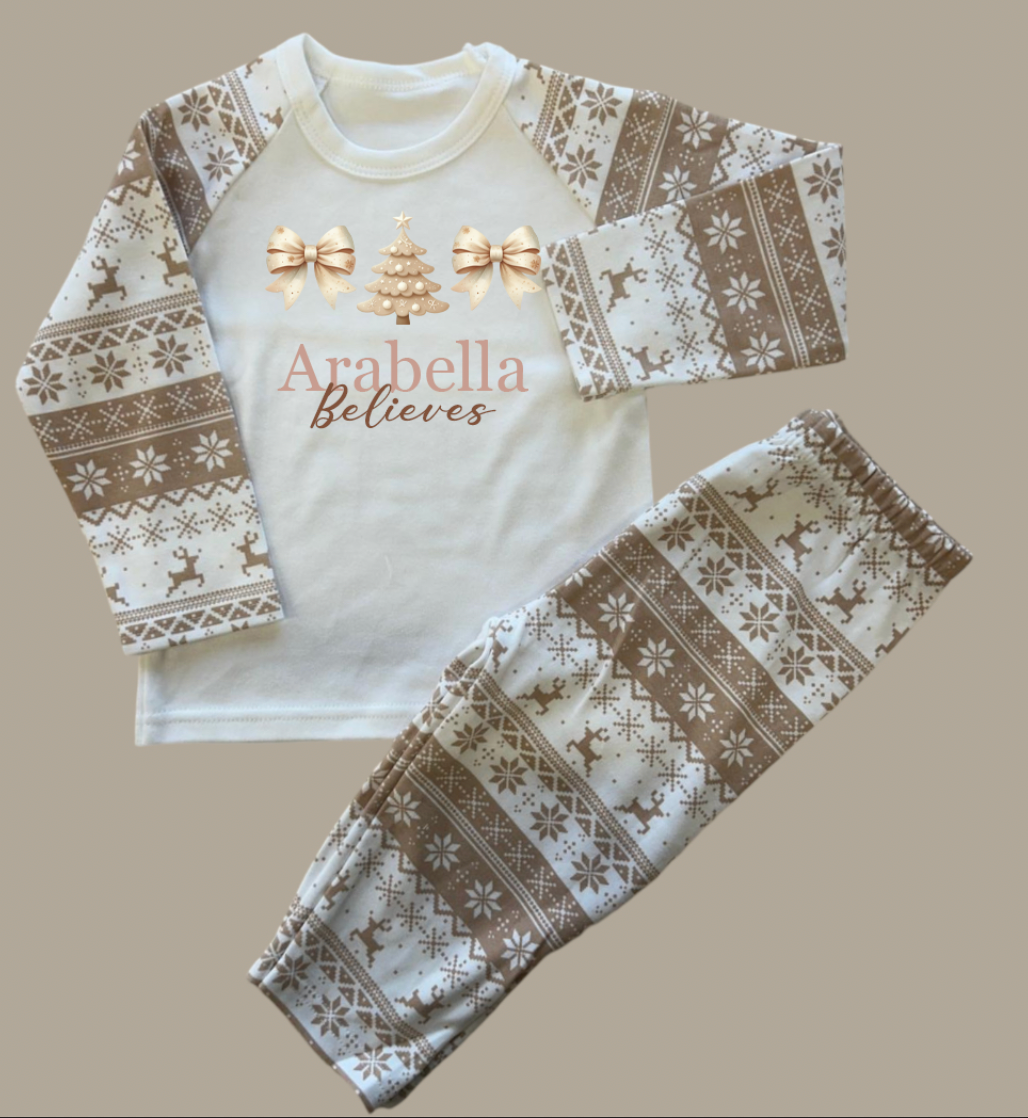 Beige Fairisle Christmas personalised family Pyjamas - Christmas Bows ADULTS